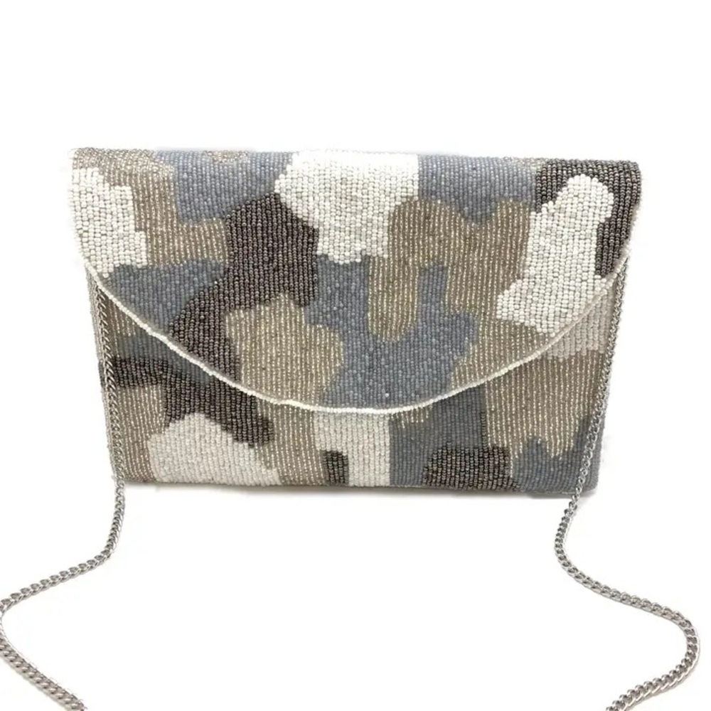 Gherardini Camo Beaded Chain Crossbody Clutch Blue Grey White Silver Preowned
